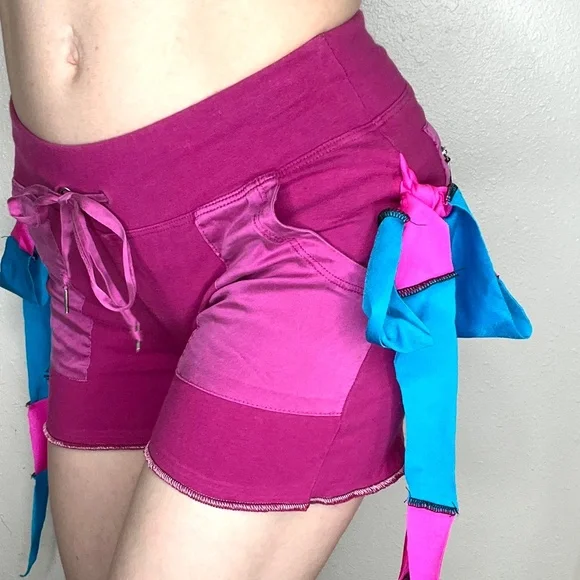 Pink Bow Shorts Size XS Blue Booty Festival Handmade Cotton Fringe Upcycled Y2k - Picture 4 of 11